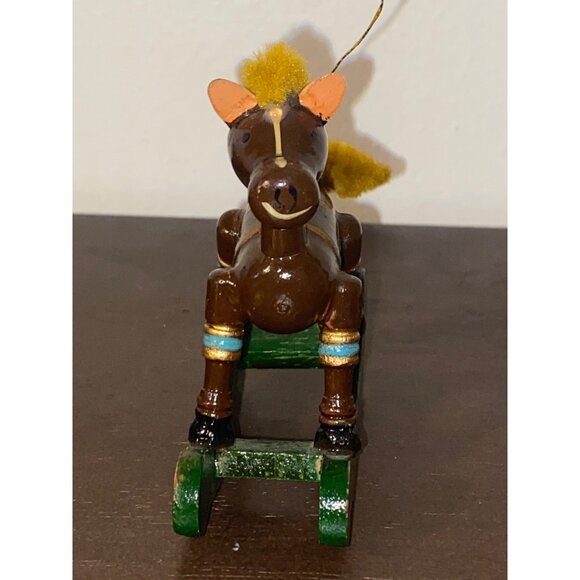 Vintage Russ Wooden Rocking Horse Miniature Ornament With Yellow Mane & Tail - Picture 6 of 8
